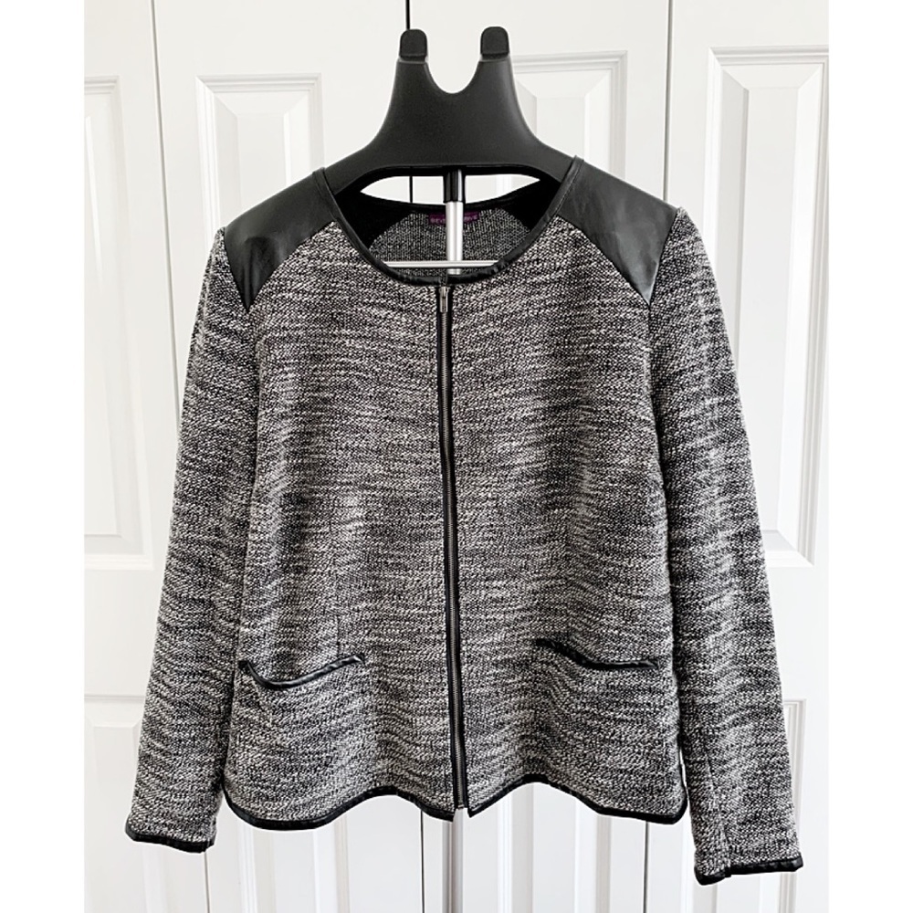 BEVERLY DRIVE Lightweight Casual Boucle Jacket w/ Faux Leather Detail, Zip Front